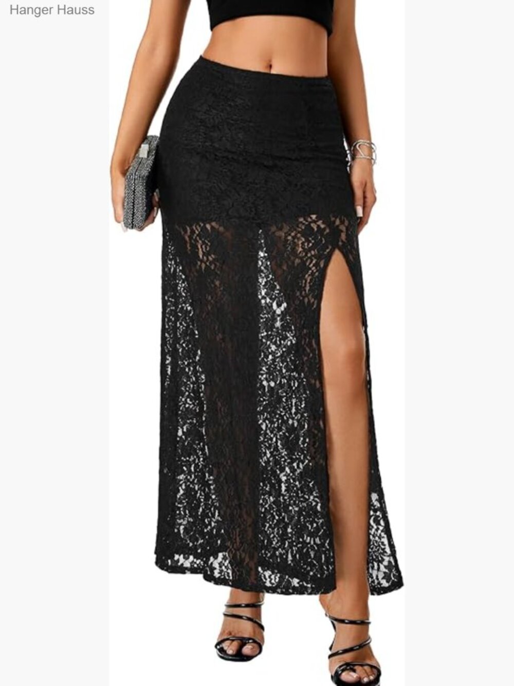 Sheer Lace High Slit Maxi Skirt with Under Skirt